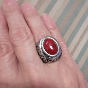 Elegant Silver and Red Stone Ring Vintage Look Size 7 NEW